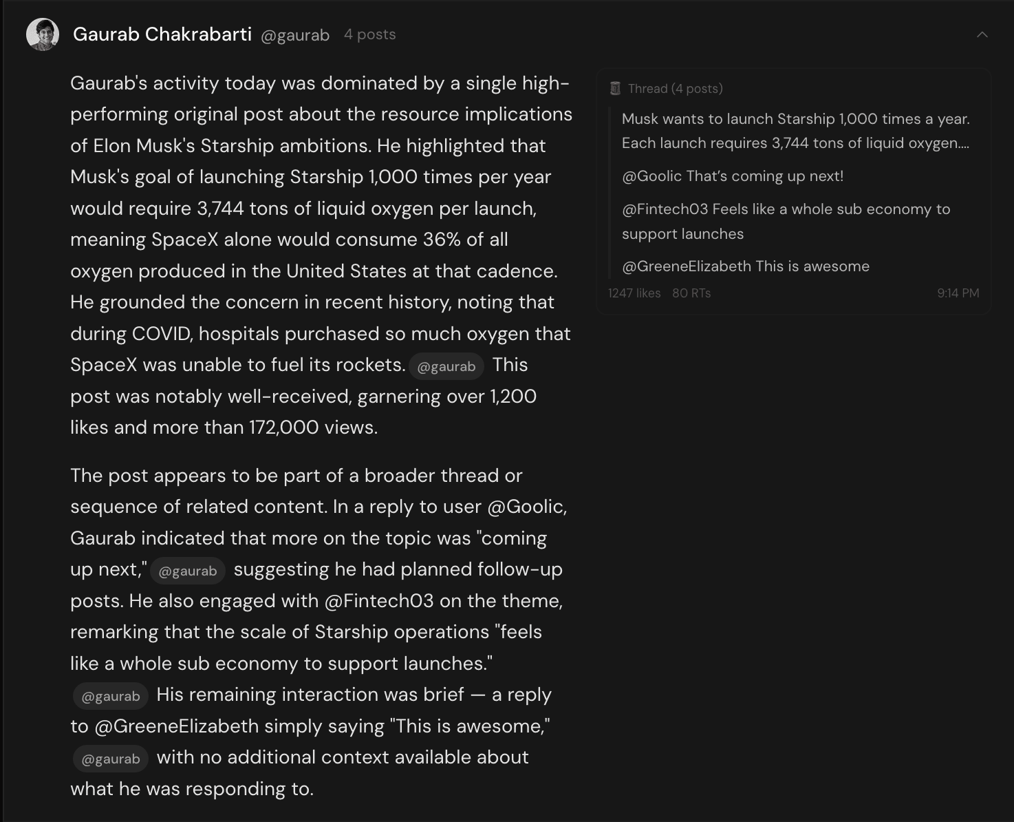 Account summary with inline citation pills and tweet sidebar